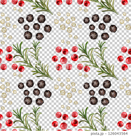 Peppercorns watercolor seamless pattern. Hand drawn dried black, white and pink pepper with rosemary. Clip art on a white background of hot spices. Ideal for cookbooks, menus and organic product 126043564