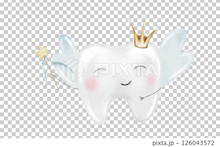 Baby tooth watercolor. Cute cartoon molar with crown and a magic wand on isolated white background. Dental clip art. Ideal for cards and invitations to the party baby's first tooth, posters in the 126043572