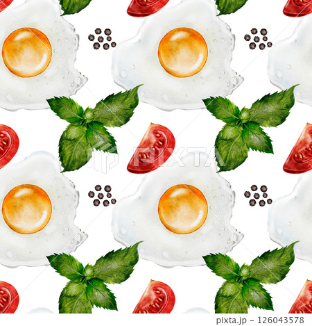 Scrambled eggs watercolor pattern. Hand drawn seamless eggs with tomatoes and herbs. Ideal for restaurant menus, food packaging and cookbooks. 126043578