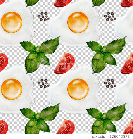 Scrambled eggs watercolor pattern. Hand drawn seamless eggs with tomatoes and herbs. Ideal for restaurant menus, food packaging and cookbooks. 126043578