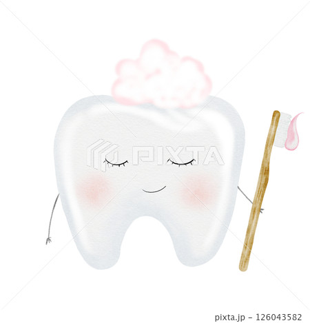 Tooth watercolor. Cute cartoon baby molar with toothbrush on isolated white background. Dental clip art. Ideal for cards and invitations to the party baby's first tooth, posters in the doctor's office Tooth watercolor. Cute cartoon baby molar with toothbrush on isolated white background. Dental clip art. Ideal for cards and invitations to the party baby's first tooth, posters in the doctor's office 126043582