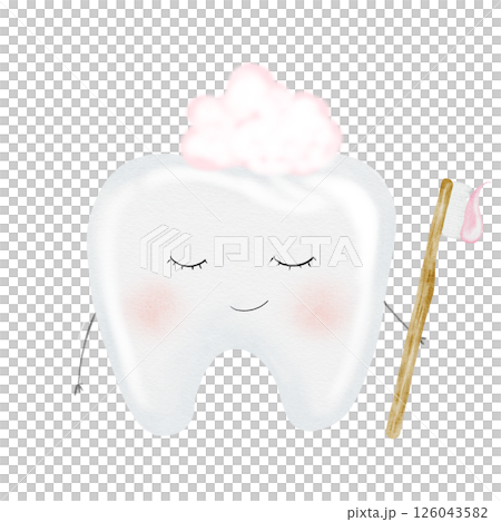 Tooth watercolor. Cute cartoon baby molar with toothbrush on isolated white background. Dental clip art. Ideal for cards and invitations to the party baby's first tooth, posters in the doctor's office Tooth watercolor. Cute cartoon baby molar with toothbrush on isolated white background. Dental clip art. Ideal for cards and invitations to the party baby's first tooth, posters in the doctor's office 126043582