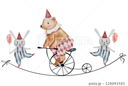 Circus watercolor. Illustration of a Circus bear riding a bicycle on a tightrope. and the acrobat bunnies Hand drawn cute animals on isolated white background. Clip art of a bear in a festive cap 126043583