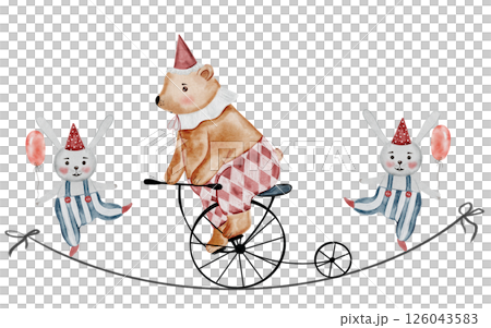 Circus watercolor. Illustration of a Circus bear riding a bicycle on a tightrope. and the acrobat bunnies Hand drawn cute animals on isolated white background. Clip art of a bear in a festive cap 126043583