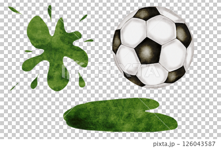 Football watercolor set. Soccer ball and grass and green blot on a white background. Ideal for children's and sports equipment, packaging 126043587