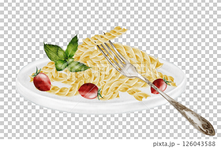Fusili pasta on a plate with a fork, watercolor painting. Hand drawn italian macaroni with tomatoes and basil on white background. Food clip art. Ideal for pasta packaging, restaurant menus and Fusili pasta on a plate with a fork, watercolor painting. Hand drawn italian macaroni with tomatoes and basil on white background. Food clip art. Ideal for pasta packaging, restaurant menus and 126043588