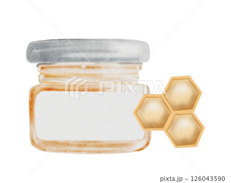 Honey jar watercolor. Hand drawn canned sweet bee product. Food clip art. Ideal for farm products and natural cosmetics packaging. 126043590