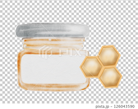 Honey jar watercolor. Hand drawn canned sweet bee product. Food clip art. Ideal for farm products and natural cosmetics packaging. 126043590