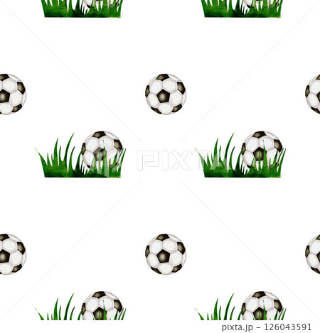 Football watercolor pattern. Seamless pattern of soccer balls on the grass on a white background. Ideal for children's and sports textiles, equipment, packaging 126043591