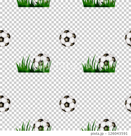Football watercolor pattern. Seamless pattern of soccer balls on the grass on a white background. Ideal for children's and sports textiles, equipment, packaging 126043591
