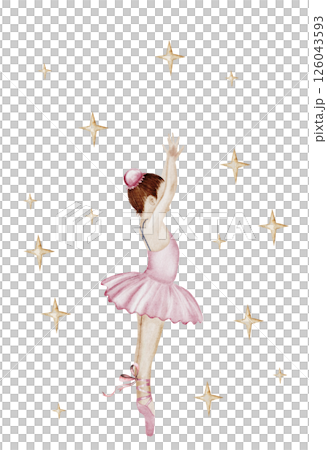 Ballerina watercolor. Hand drawn incredible girl dancer in pink tutu skirt surrounded by stars. Clip art on isolated white background of cute ballet beauty. Perfect for poster and cards, princess 126043593