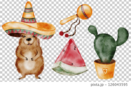 Capybara watercolor. A funny cartoon animal in a Mexican sombrero hat with a watermelon and cactus. Cute water pig hand drawing on isolated white background. Clip art of a friendly guinea pig. Ideal Capybara watercolor. A funny cartoon animal in a Mexican sombrero hat with a watermelon and cactus. Cute water pig hand drawing on isolated white background. Clip art of a friendly guinea pig. Ideal 126043595