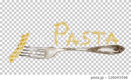 Pasta with a fork and an inscription. Hand drawn italian macaroni on white background. Food clip art. Ideal for pasta packaging, restaurant menus and posters Pasta with a fork and an inscription. Hand drawn italian macaroni on white background. Food clip art. Ideal for pasta packaging, restaurant menus and posters 126043596