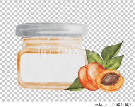 Jam apricot jar watercolor. Hand drawn canned sweets on white background. Clip art food. Ideal for packaging goods with jam. Organic food 126043602
