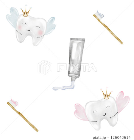 Baby tooth watercolor pattern. Cute cartoon molar with crown on isolated white background. Dental clip art. Ideal for cards and invitations to the party baby's first tooth, posters in the doctor 126043614