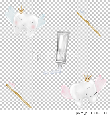 Baby tooth watercolor pattern. Cute cartoon molar with crown on isolated white background. Dental clip art. Ideal for cards and invitations to the party baby's first tooth, posters in the doctor 126043614