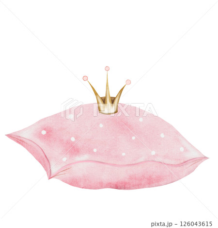 Pillow watercolor. Hand drawing of pink pillow with a crown on isolated white background. Clip art of bed linen. Ideal for cards, posters and stickers 126043615