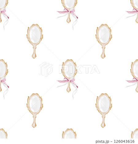 Mirror Watercolor seamless pattern. Hand drawn vintage mirror with handle. Clip art of beauty accessory. Perfect for posters, cards and stickers. 126043616