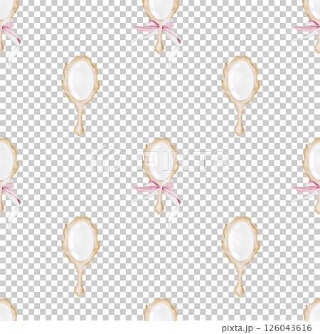 Mirror Watercolor seamless pattern. Hand drawn vintage mirror with handle. Clip art of beauty accessory. Perfect for posters, cards and stickers. 126043616
