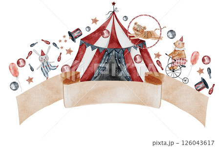 Circus watercolor banner. Hand drawn cute animal on isolated white background. Clip art of bear on bicycle, bunny and tiger cub. Perfect for cards for baby shower and birthdays 126043617