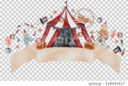 Circus watercolor banner. Hand drawn cute animal on isolated white background. Clip art of bear on bicycle, bunny and tiger cub. Perfect for cards for baby shower and birthdays 126043617