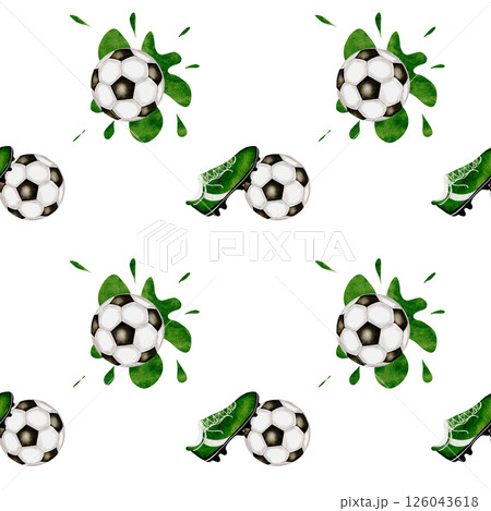Football watercolor pattern. Seamless pattern of soccer balls and a football boot on a white background. Ideal for children's and sports textiles, equipment, packaging 126043618