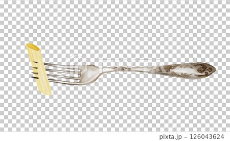 Pasta on a fork watercolor drawing. Hand drawn illustration of a metal fork with penne. Clip art food. Italian pasta on a white background. Ideal for recipe books, restaurant menu posters and flour Pasta on a fork watercolor drawing. Hand drawn illustration of a metal fork with penne. Clip art food. Italian pasta on a white background. Ideal for recipe books, restaurant menu posters and flour 126043624