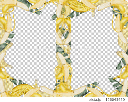Banana watercolor frame. Hand drawn ripe tropical fruit and leaves. Clip art isolated on white background realistic exotic plant. Ideal for designing menus, price tags, labels and packaging of natural 126043630