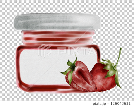 Jam strawberry jar watercolor. Hand drawn canned sweets on white background. Clip art food. Ideal for packaging goods with jam. Organic food 126043631