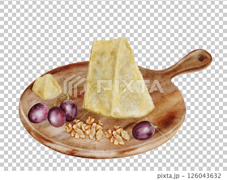 Piece of cheese watercolor. Hand drawn parmesan on a wooden cutting board grapes and walnuts. Italian cheese with grapes on white background. Clip art food. Ideal for restaurant menus, recipe books 126043632