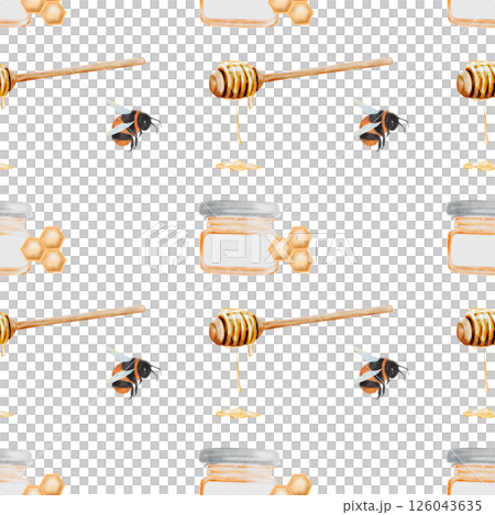Pattern honey in jars and bees watercolor. Hand drawn seamless pattern. Clip art food. Ideal drawing for organic store packaging and kitchen textiles. 126043635