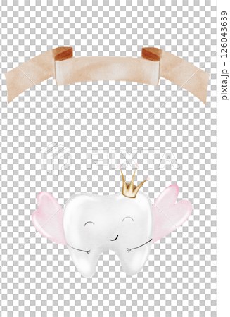 Baby tooth watercolor card. Cute cartoon molar with crown and a sign for the inscription on isolated white background. Dental clip art. Ideal for cards and invitations to the party baby's first tooth Baby tooth watercolor card. Cute cartoon molar with crown and a sign for the inscription on isolated white background. Dental clip art. Ideal for cards and invitations to the party baby's first tooth 126043639