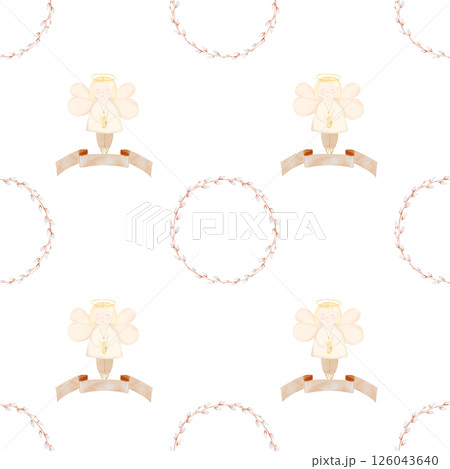 Baby baptism watercolor pattern. Illustrations angel and a willow wreath on isolated white background. Cute clipart for design of christening and birth cards and banners Baby baptism watercolor pattern. Illustrations angel and a willow wreath on isolated white background. Cute clipart for design of christening and birth cards and banners 126043640