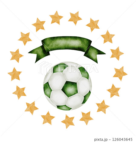 Soccer ball watercolor. Football ball and place for inscription framed by stars. Hand drawn illustration isolated on white background. Sports equipment. For football club logo, poster and football 126043645