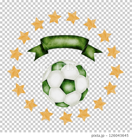 Soccer ball watercolor. Football ball and place for inscription framed by stars. Hand drawn illustration isolated on white background. Sports equipment. For football club logo, poster and football 126043645