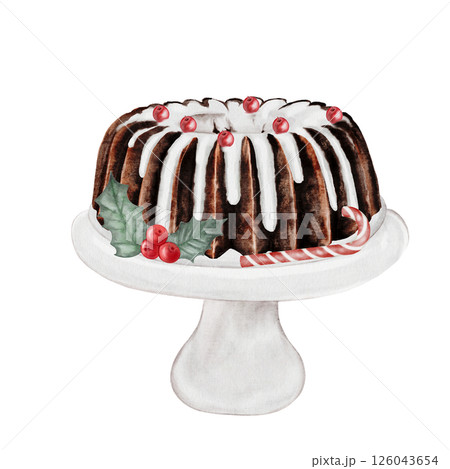 Christmas cake. Hand drawn watercolor traditional holiday pie. Clip art of chocolate pastry on isolated white background. Ideal for cookbook and bakery menu Christmas cake. Hand drawn watercolor traditional holiday pie. Clip art of chocolate pastry on isolated white background. Ideal for cookbook and bakery menu 126043654