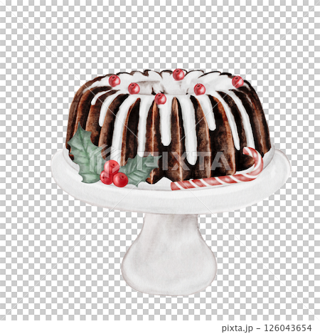 Christmas cake. Hand drawn watercolor traditional holiday pie. Clip art of chocolate pastry on isolated white background. Ideal for cookbook and bakery menu Christmas cake. Hand drawn watercolor traditional holiday pie. Clip art of chocolate pastry on isolated white background. Ideal for cookbook and bakery menu 126043654