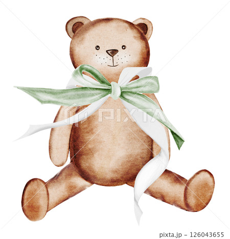 Teddy bear toy. Watercolor illustration hand drawing. Clip art of a bear isolated on a white background. Children's design. Ideal for birthday, baby shower and baptism invitations and cards, as well 126043655