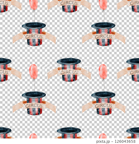 Circus watercolor pattern. Hand drawn circus cap, ballon and inscription on isolated white background. Perfect for cards for baby shower and birthdays 126043658