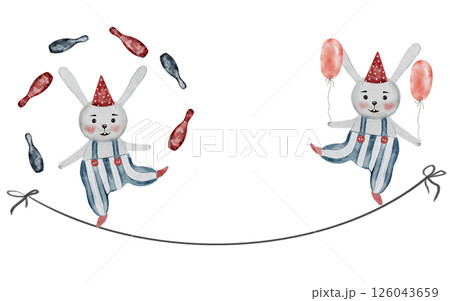 Cute circus watercolor.Rabbits acrobats. Hand drawn cute animals on isolated white background. Clip art of vintage bunnies with balloons balancing on a rope. Perfect for posters and cards for baby 126043659