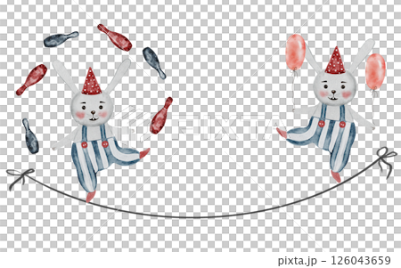 Cute circus watercolor.Rabbits acrobats. Hand drawn cute animals on isolated white background. Clip art of vintage bunnies with balloons balancing on a rope. Perfect for posters and cards for baby 126043659