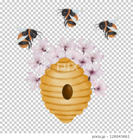 Beehive with bees watercolor. Hand drawn bee house with flowers and bumblebees on isolated white background. Clip art of bumblebee dwelling. Ideal for honey shop design, natural cosmetics and bee 126043661
