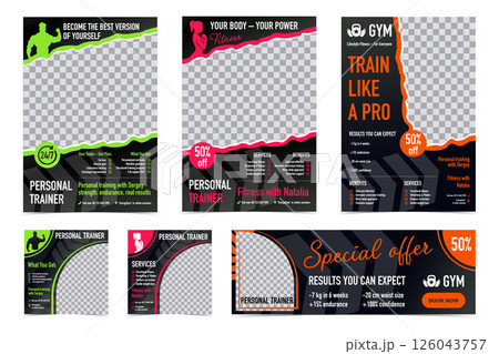 Personal Trainer Posters and Banners. Social Media Templates Set, Fitness woman and man with Coach Silhouettes, Benefits, and Call-to-Action in a vector illustration 126043757