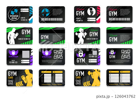 Set of Gym Membership Card Templates. Double Sided Fitness Club ID Cards with Barcode, Silhouettes, Photo Placeholder, and Logo Design Set of Gym Membership Card Templates. Double Sided Fitness Club ID Cards with Barcode, Silhouettes, Photo Placeholder, and Logo Design 126043762