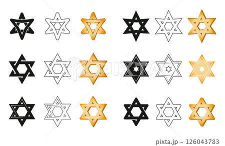 Star of David Icon Set. Hexagram Symbols in Silhouette, Line and Gold Styles Star of David Icon Set. Hexagram Symbols in Silhouette, Line and Gold Styles 126043783