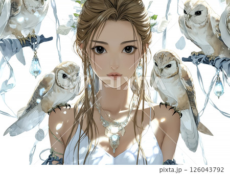 フクロウの群れに囲まれるフクロウの妖精のイラスト素材 フクロウの群れに囲まれるフクロウの妖精のイラスト素材 126043792