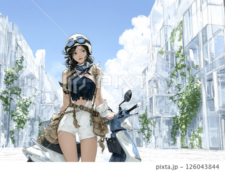 スクーターで買い物に来た若い女性のイラスト素材 126043844