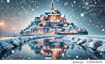 モンサンミッシェルと雪景色 126044076