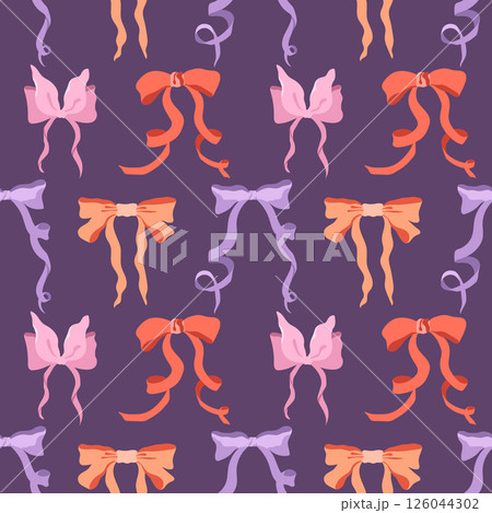 Colorful ribbon bows vector seamless pattern. Cute repeat tile. Pink, lilac, orange and red bowknots on dark purple background. Playful modern cartoon design for wrapping paper, fabric, packaging 126044302