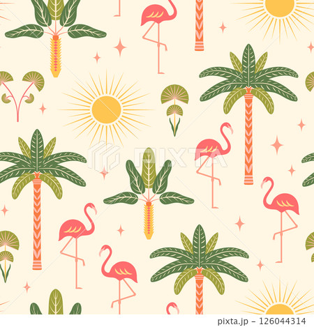 Tropical seamless pattern vector illustration. Modern exotic vacation repeat tile with flamingos, palm trees, sun in symmetrical Art deco style on light background. Cute boho summer vibes design 126044314
